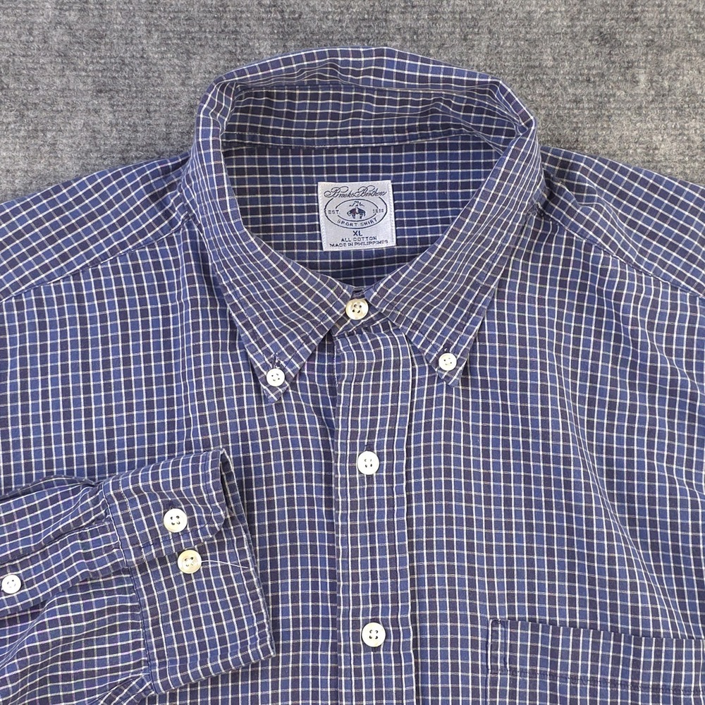 Brooks Brothers Sport Shirt XL Blue Check Long Sleeve Button Down Pocket Cotton